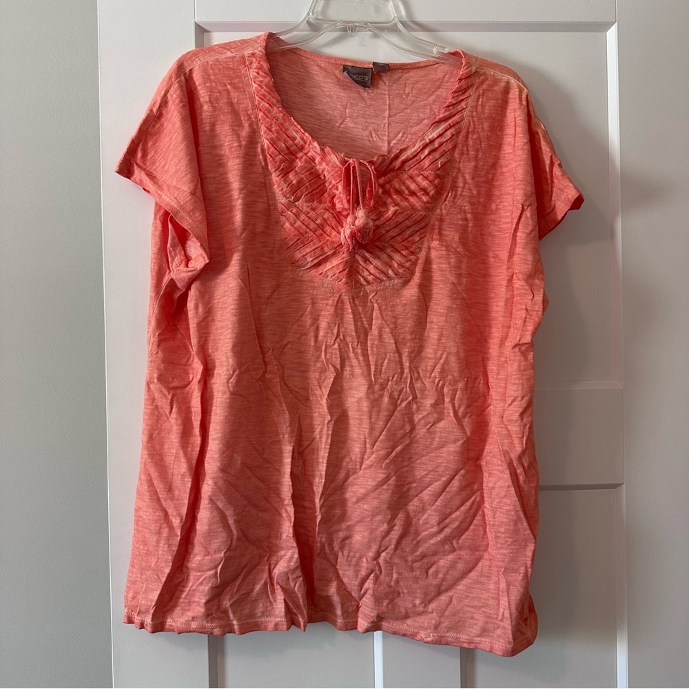 Chico’s Coral Pink Pintuck Tassel Top Size 3 100% Cotton Short Sleeve